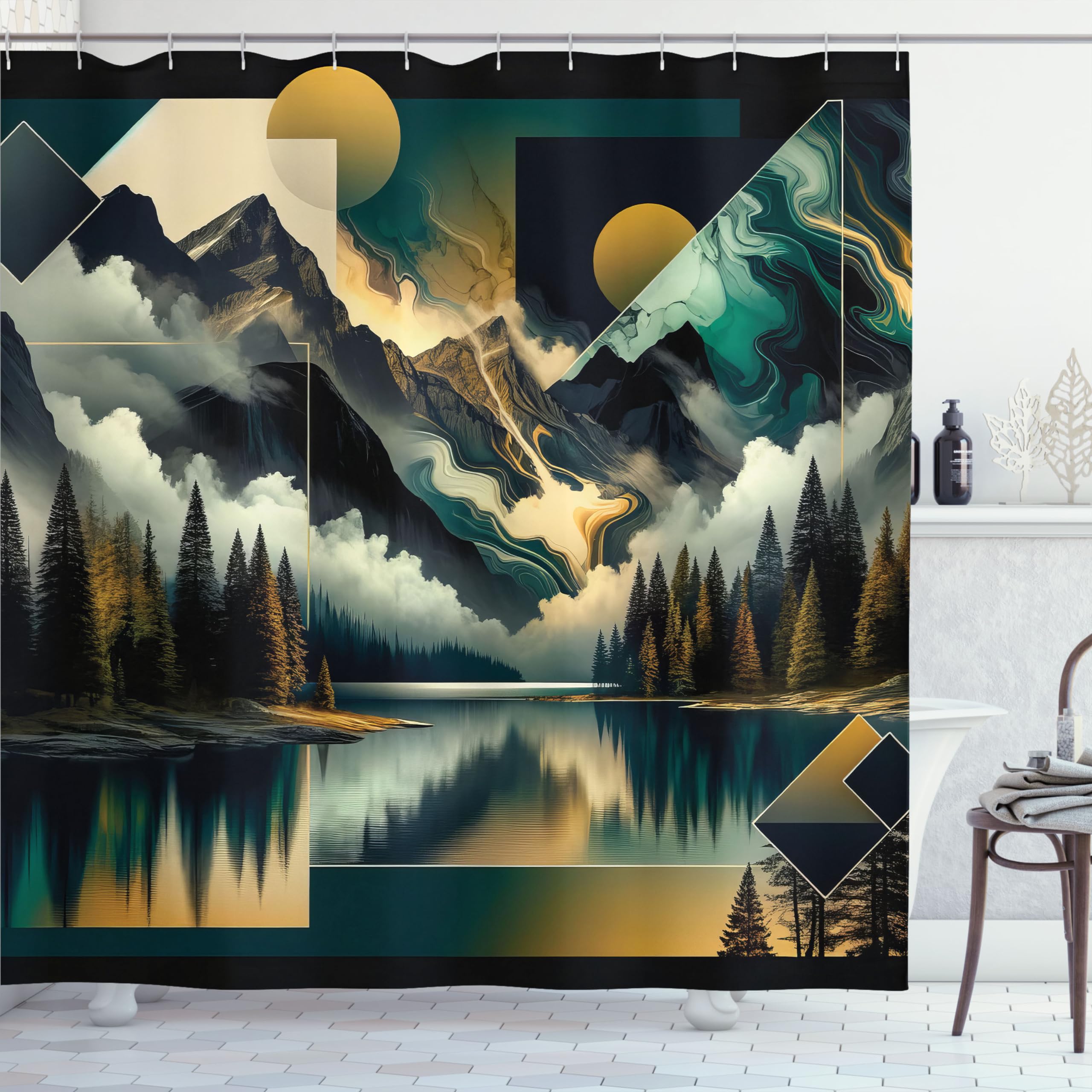 Ambesonne Lake Shower Curtain, Mysterious Scene Of Cloudy Mountains And Pine Trees With Geometric Rounds, Cloth Fabric Bathroom